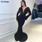 Женское атласное вечернее платье Sevintage, черное платье с глубоким V-образным вырезом, с открытой спиной, на заказ, вышитые бисером Длинные рукава
