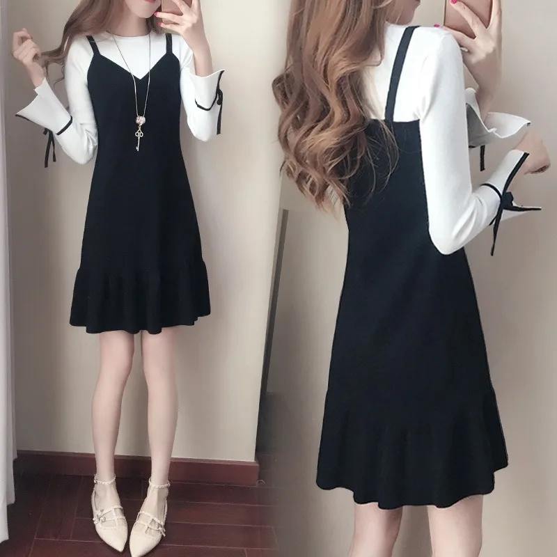 

Suspender Solid Dress Autumn 2019 New Female Korean Students Slim Slimming Long Sleeve Dress Long Mock Two-Piece