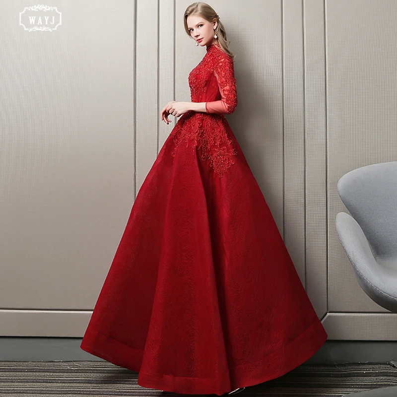 WAYJ Новое красное вечернее платье невесты с длинным рукавом кружевная ткань