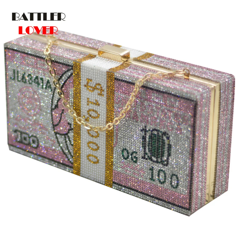 

Money Evening Clutch Bags Diamond Painting Chain Wedding Dinner Purses and Handbags Luxury Stack of Cash Crystals Women Female