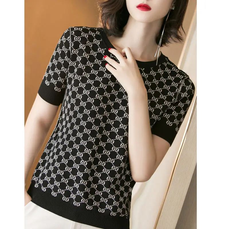 

New style temperament short sleeve women's knitted ice silk casual versatile T-shirt retro top women's wear