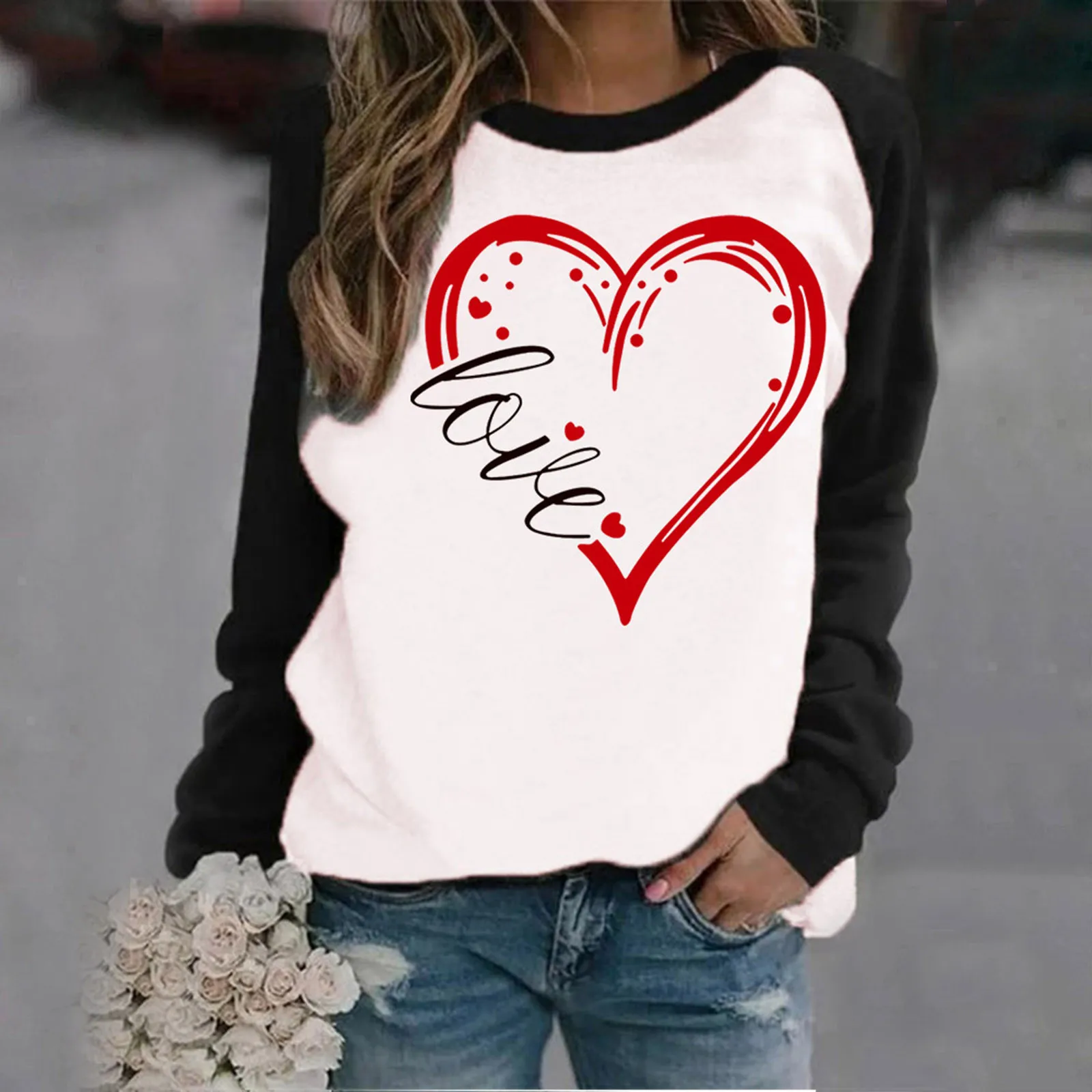 

Hoodies For Women Casual Long Sleeve Love Heart Print O-Neck Hoodie Shirt Pullover Tops sudaderas In Stock толстовка женская