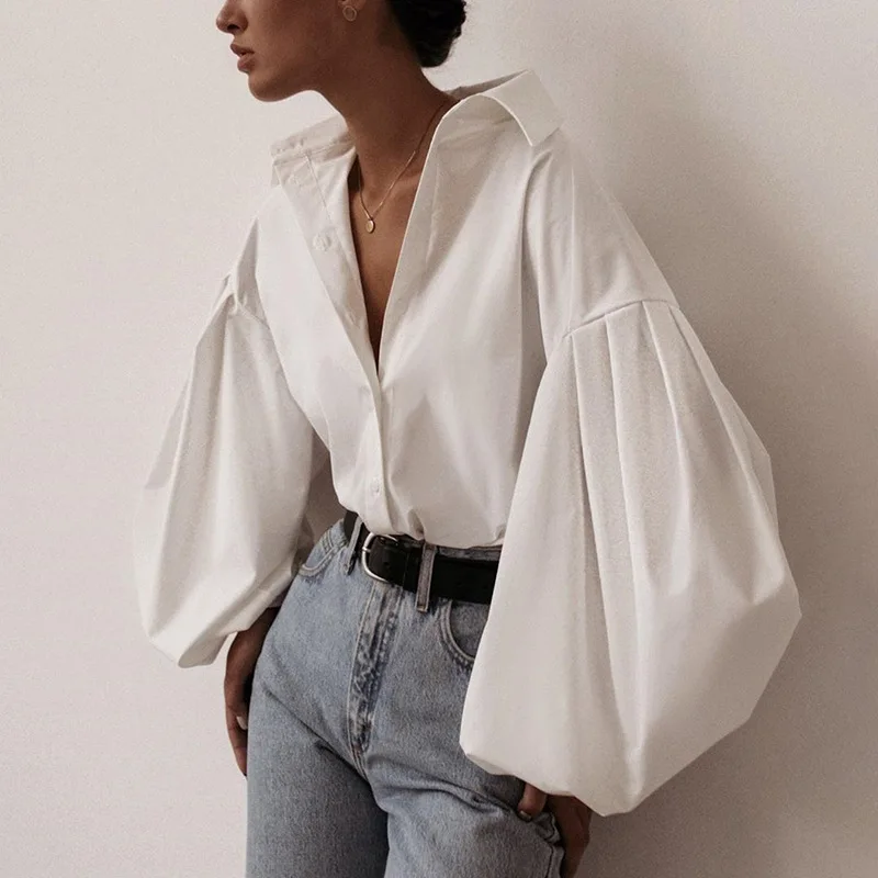 

WEPBEL Women Elegant Loose Blouse Top Ladies Casual Fashion Long Lantern Sleeve Turn Down Collar Single Breasted Shirt