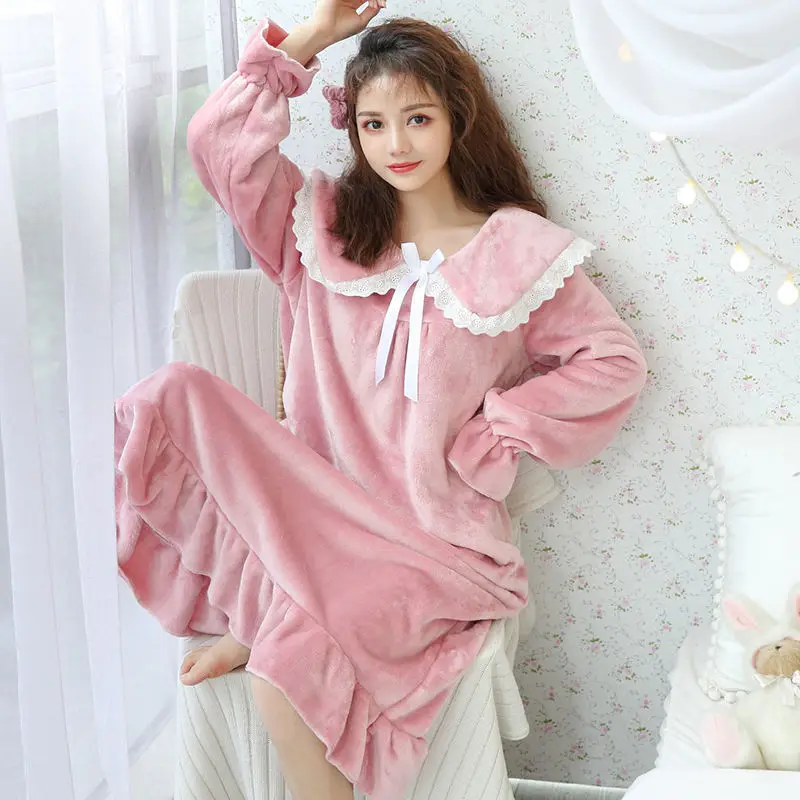 Facecloth Nightgown Winter Korean Version The Long Coral Velvet Pajamas Female Autumn Fresh Students Cute Maternity Home Clothes