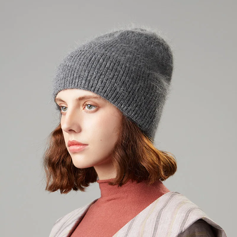 Вязаные шапки, зимние женские шапки, теплые шапки Skullies Beanies, высококачественные женские шапки из кроличьей шерсти, женская шапка - Цвет: Темно-серый