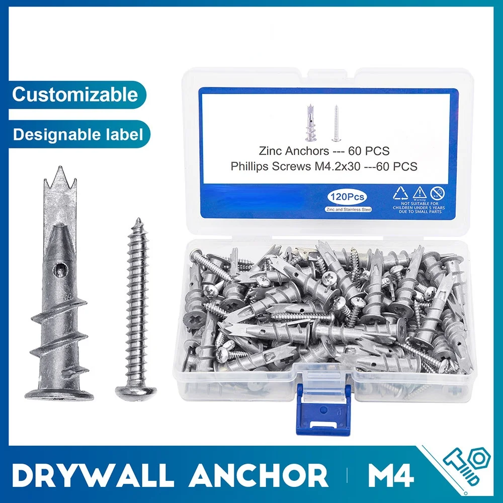 

Гипсокартон, гипсокартон, анкер из цинкового сплава, полые стены, самосверливающаяся настенная вилка с винтом M4.2 для нарезания 120 шт./компл.