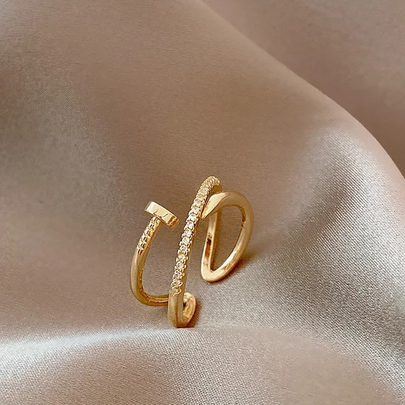 

HIYONG Exquisite Zircon Mulit-layer Opening Ring Unique Design Nail-shaped Geometric Rings Wedding Party Girl Women Jewelry 2021