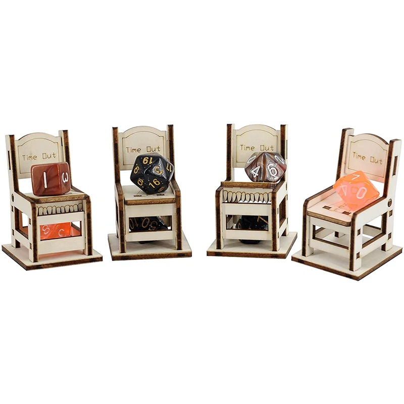 Time Out Chair Dice Jail Set of 4 with a Random Polyhedral Dice Set Wood Laser Cut Dunce, Shame Chair Miniature