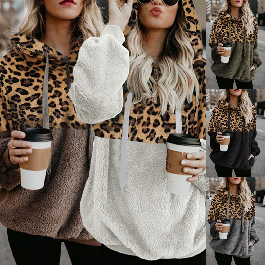 

2021 autumn and winter sexy leopard print zipper pocket blouse plush sweater