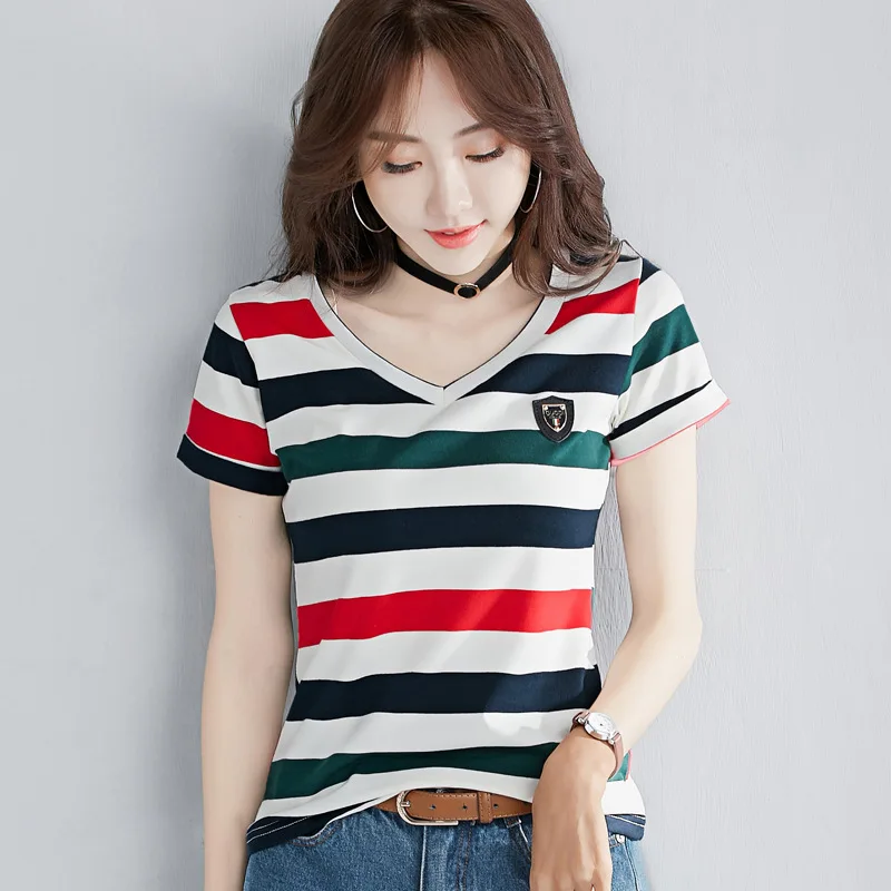 

Summer Striped Short-sleeved T-shirt V-neck New Cotton High-quality T-shirt Tight-fitting Women's Clothing Badge