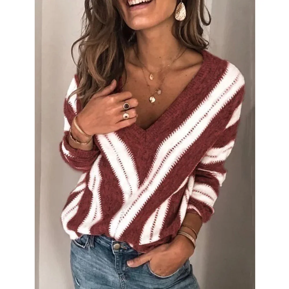 Wipalo Plus Size 5XL 2019 Autumn Winter Women Sweater V Neck Long Sleeve Striped Pullover Korean Style Minimalist Casual | Женская