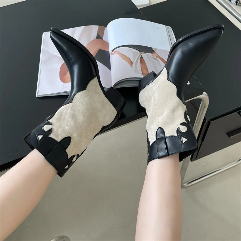 

Women's Ankle Boots Stitching Mixed Color Female Shoes Pointed Toe Square Heels Boots Platform Non-slip Short Ankle Boots 2021