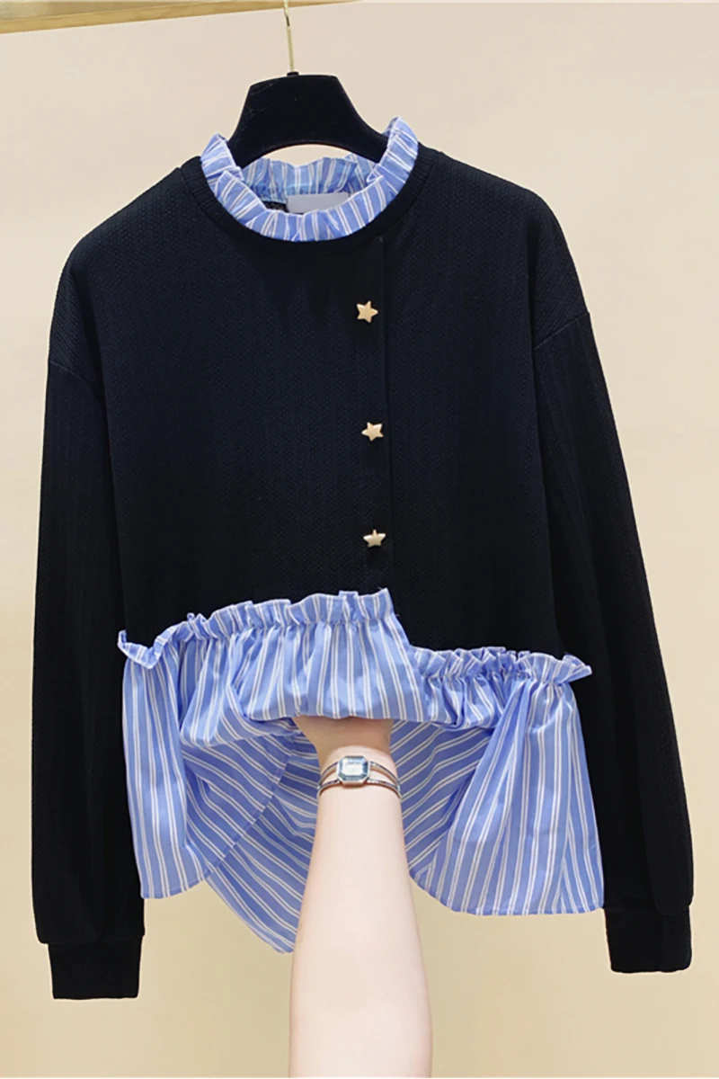 

Striped Stitching Irregular Fake Two-Piece Pullover Hoody Women's New Korean Hoodies Loose Top for Autumn and Winter Sweatshirts