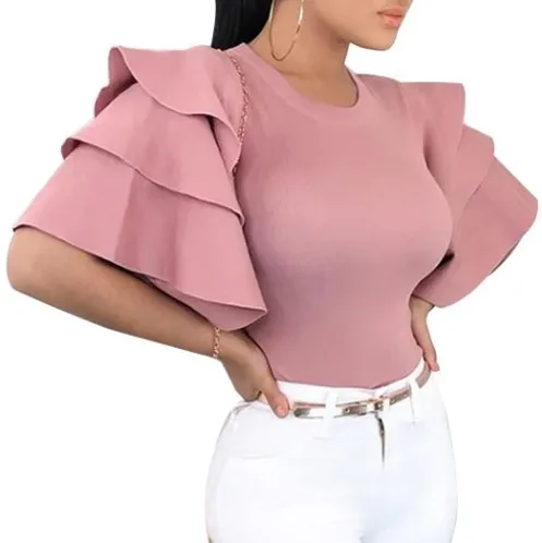 

2021 New Lotus Leaf Sleeve Top Ladies Round Neck T-shirt Plenty