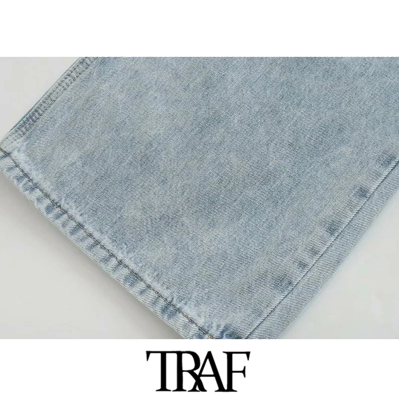 

TRAF Women Fashion Side Pockets Faded Wide Leg Jeans Vintage High Waist Zipper Fly Denim Female Trousers Mujer