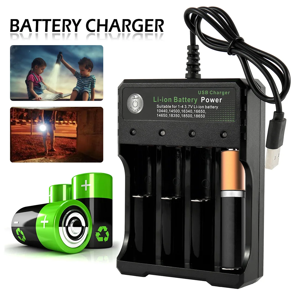 Совместимое зарядное устройство 10440 14500 16340 16650 14650 18350 18500 18650 USB черное 4 слота