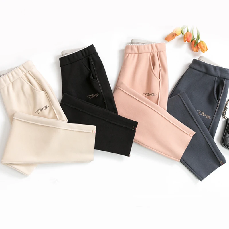 

JMPRS Woolen Women Winter Pants Thick Warm Vintage Autumn Thicken Feleece Trousers Harem Pants for Women Velvet Pants Capris