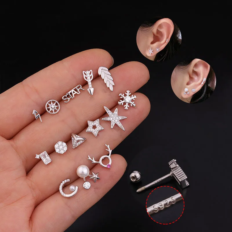 1pc Silver Color Star Crystal CZ Cartilage Piercing Stud Earrings Helix For Women Jewelry Tragus Rook Earlobe Screw Back Earring | Украшения