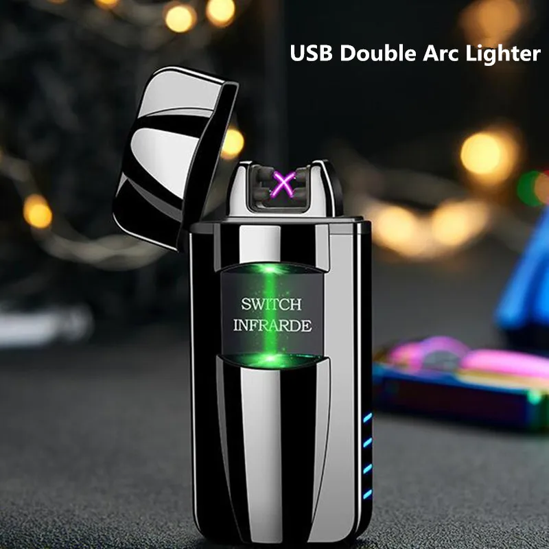 New Infrared Switch Double Arc Recharge Lighter USB charging Cigarette Lighter Windproof flameless Electronic Plasma Lighter rechargeable electronic lighter usb cigarette lighter windproof touch screen inductive charging lighter