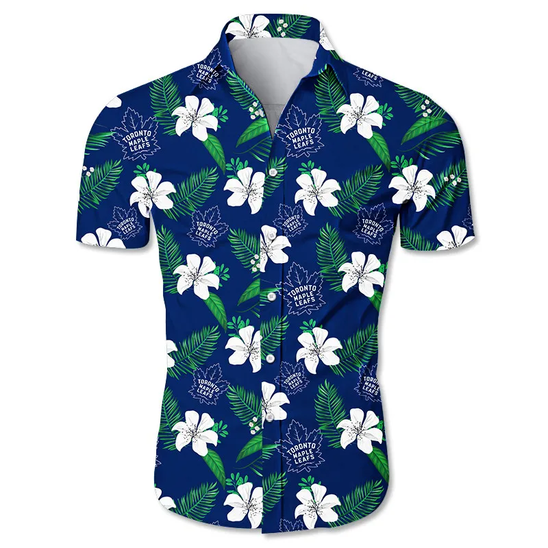 

Toronto men's casual hawaiian shirts White flower blue leaf print 3D Maple Leafs tops