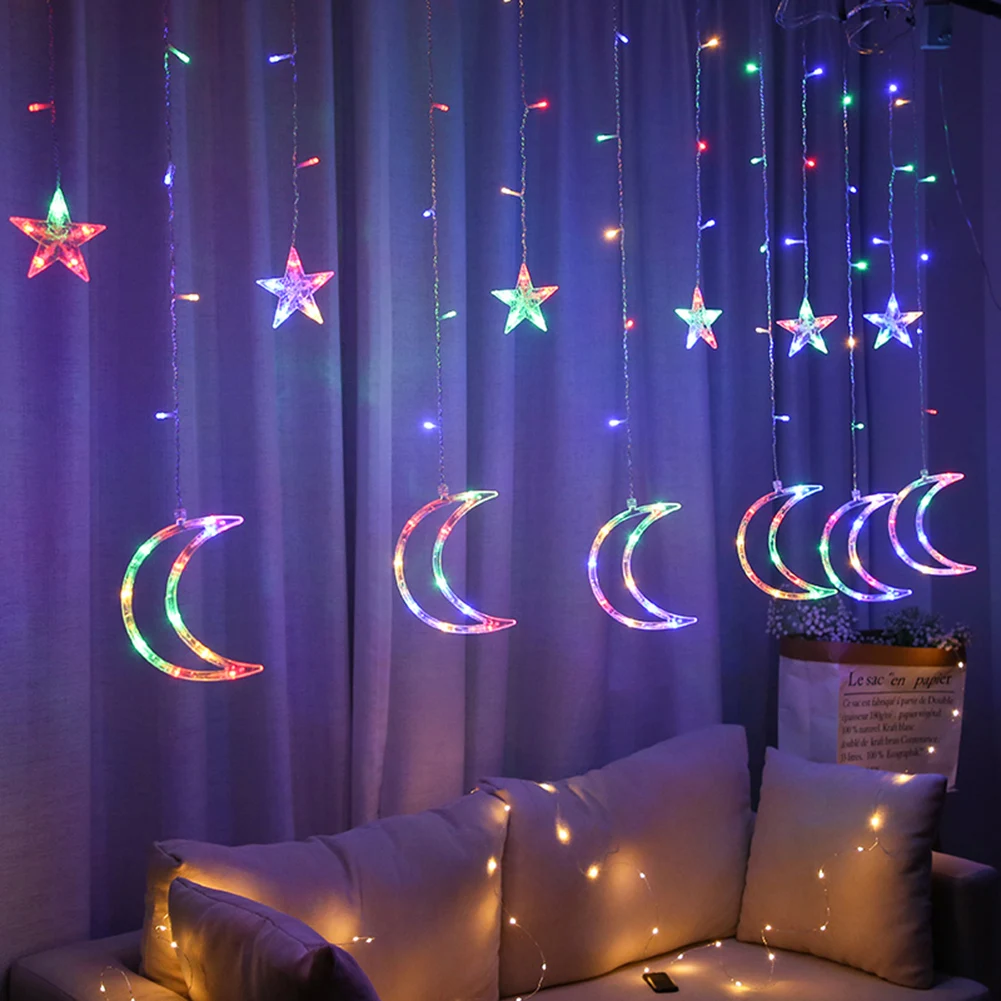 

LED Curtain String Light Star Moon Flash Fairy Warm White Multicolor Lamp Plug Models Decorative Night Light for Home Window