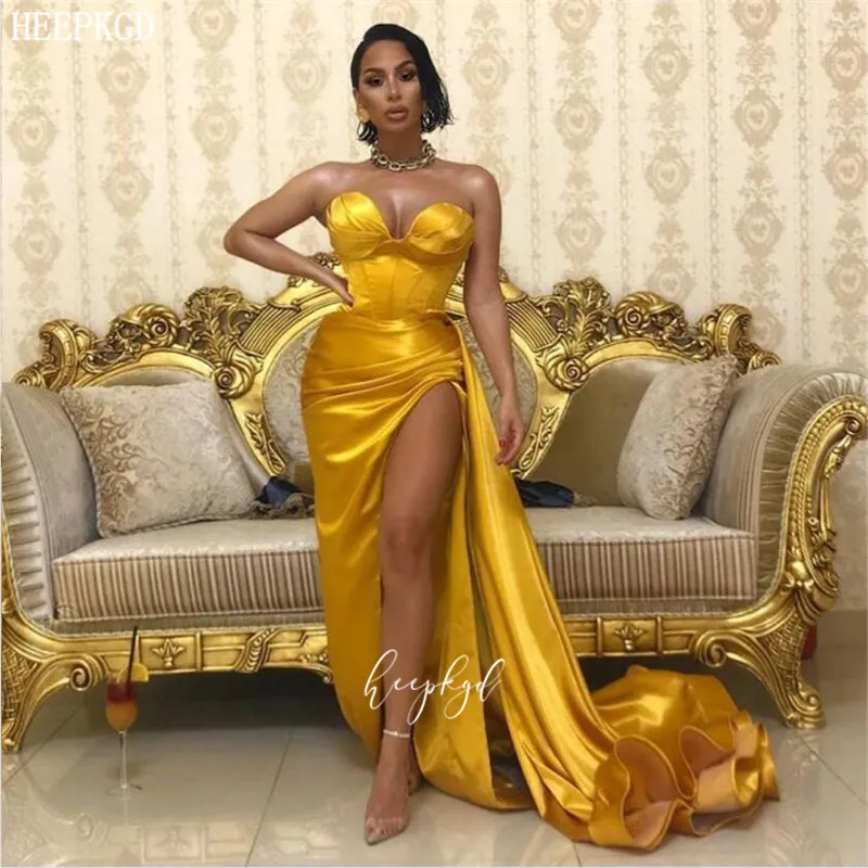 Сексуальное золотистое Русалка Африканское вечернее платье с Боковым Разрезом