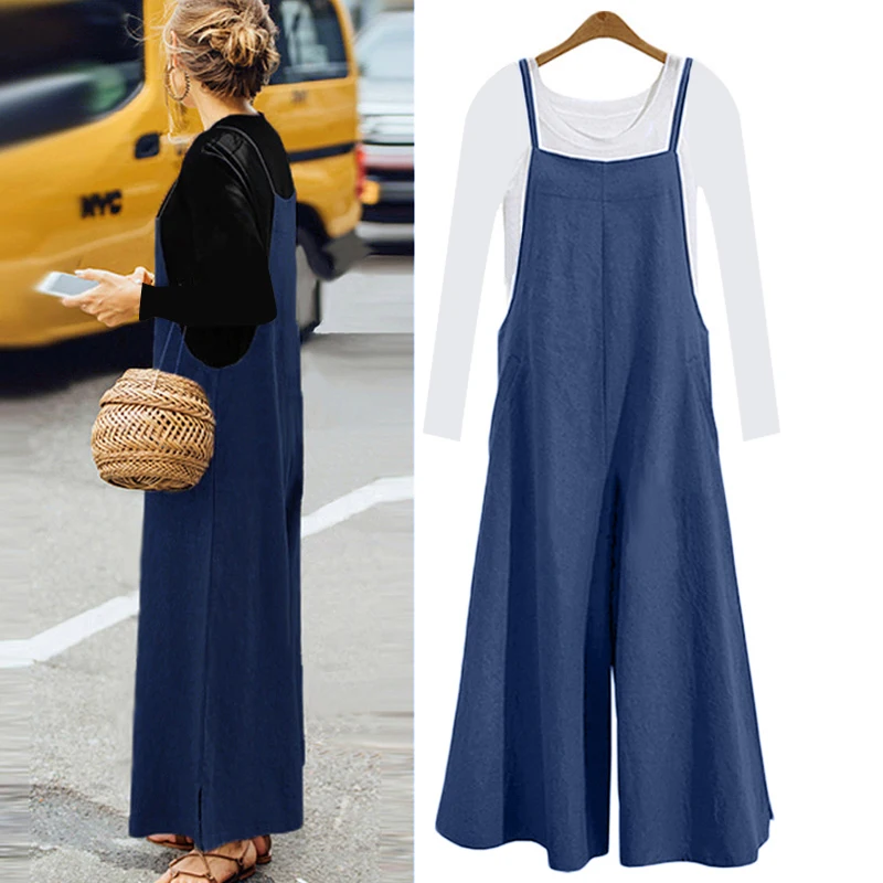 Женский хлопковый комбинезон размера плюс с широкими штанинами и карманами на