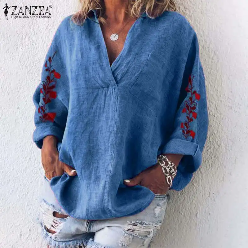 Женская блузка с цветочной вышивкой и длинным рукавом, ZANZEA, осенняя хлопковая льняная рубашка с v-образным вырезом, Femme Robe, рабочая блуза, Chemise Mujer, топы