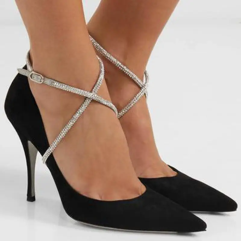 

Туфли-лодочки женские на высоком каблуке, босоножки с кристаллами, ремешки через плечо, заостренный носок, тонкий каблук, пряжка, неглубокая Брендовая обувь