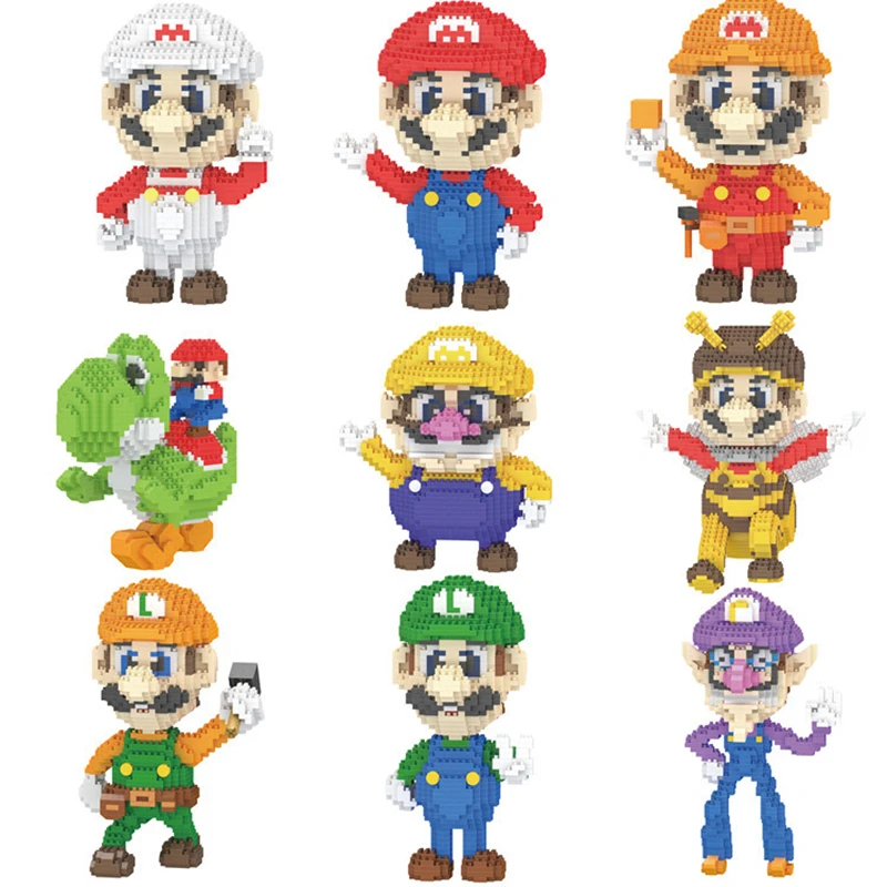 

9 models Mini Super Maros Bros Luigi Yoshi Waluigi Blocks Kids Educational Micro Maros Cosplay Building Brick Toys