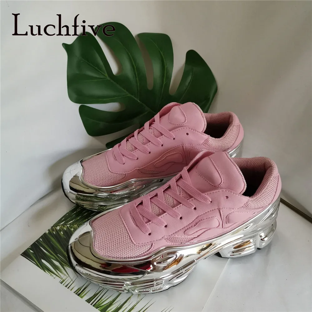 Модные Розовые Кожаные повседневные кроссовки женские Серебристые на шнуровке