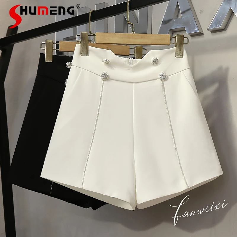 

2021 Summer New High Waist Loose A-line Suit Shorts for Female Fashion Diamond Fastener Decoration Wide Leg Pants Women's