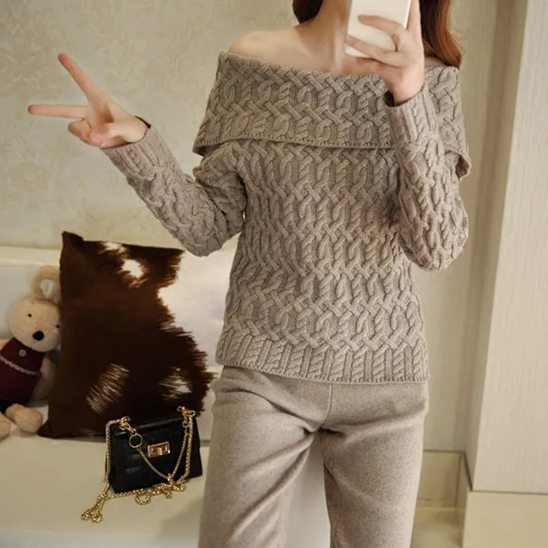 

2020 Limited New Cashmere Knit 2 Piece Set Women Thread Collar Sweater Knitted Pants Two Female Pullover Casual Full Length
