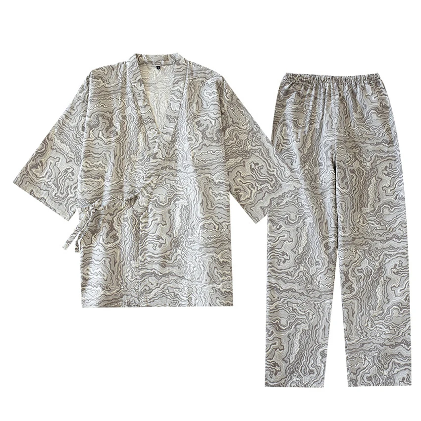 

Set Pajamas Wave Print V-neck Loose Style Cotton Sleepwear Pyjamas Haori TrousersSamurai Man Japanese Traditional
