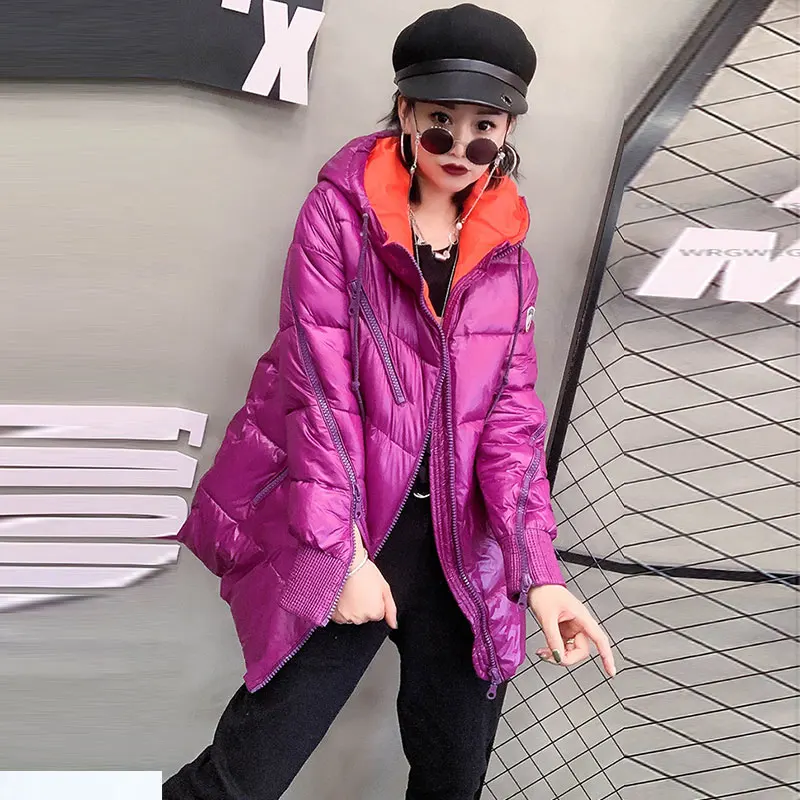 purple Зимнее пальто, блестящая пуховая парка для женщин, теплая лакированная кожаная парка для женщин, металлическая Серебряная куртка на молнии, пальто, женская верхняя одежда - Цвет: purple