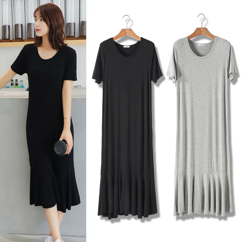 

2020 Summer New Style Modal Dress Women's plus Size casual dress Loose Short Sleeve Slim Joint Fishtail Long dresses lady