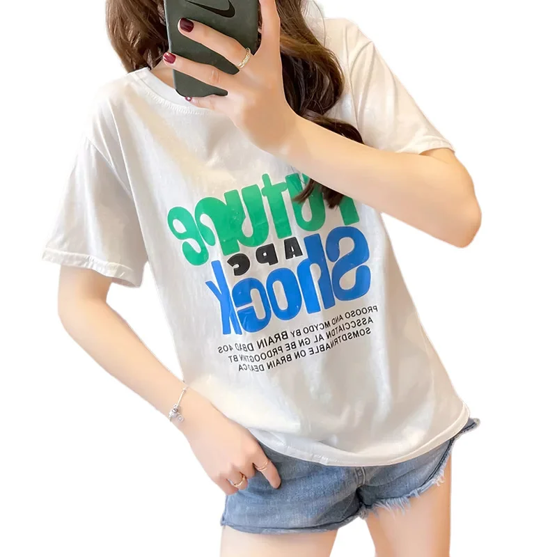 

Женская футболка с коротким рукавом и бантом, свободная футболка большого размера с открытой спиной и принтом букв в Корейском стиле, модел...