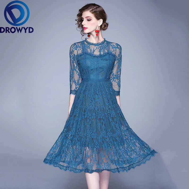 Женское ажурное кружевное платье средней длины Осеннее повседневное синее в