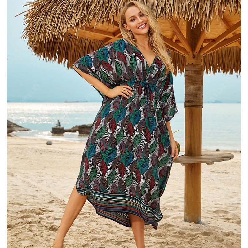 Женское пляжное платье с коротким рукавом V-образным вырезом и высокой талией |