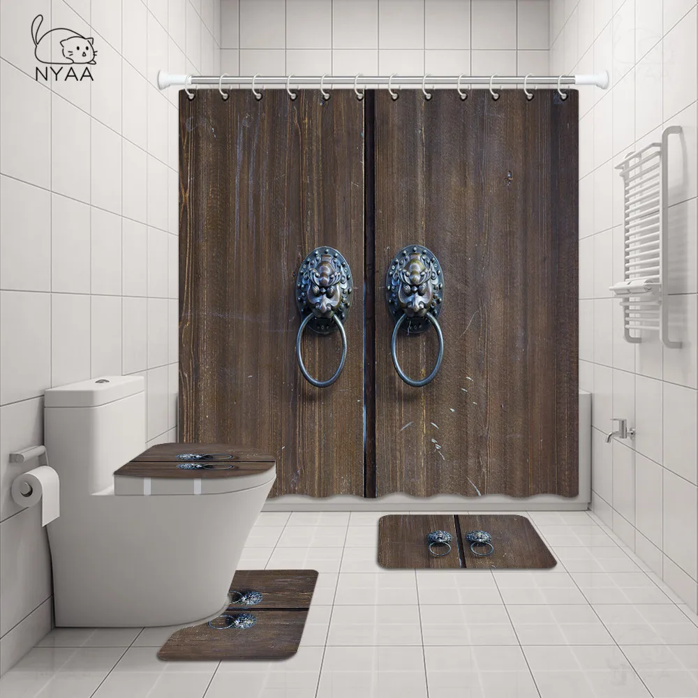 Beste Retro Oude Houten Deur Douchegordijn Badmat Set Waterdichte Stof Badkamer Gordijn Set Tapijt Deksel Wc Cover Home Decor