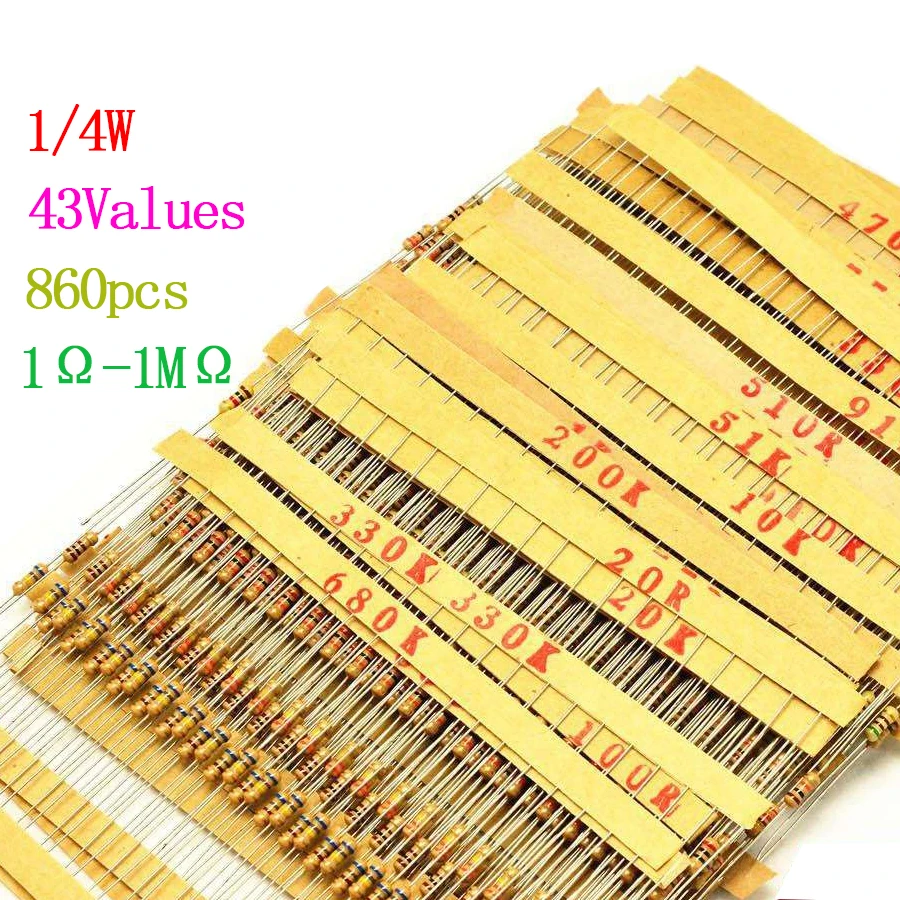 

860pcs/lot Carbon Film Resistor Kit 1/4W 5% resistors assorted kit set 43values*20pcs Resistance 1R - 1M Ohm 0.25W resistor pack