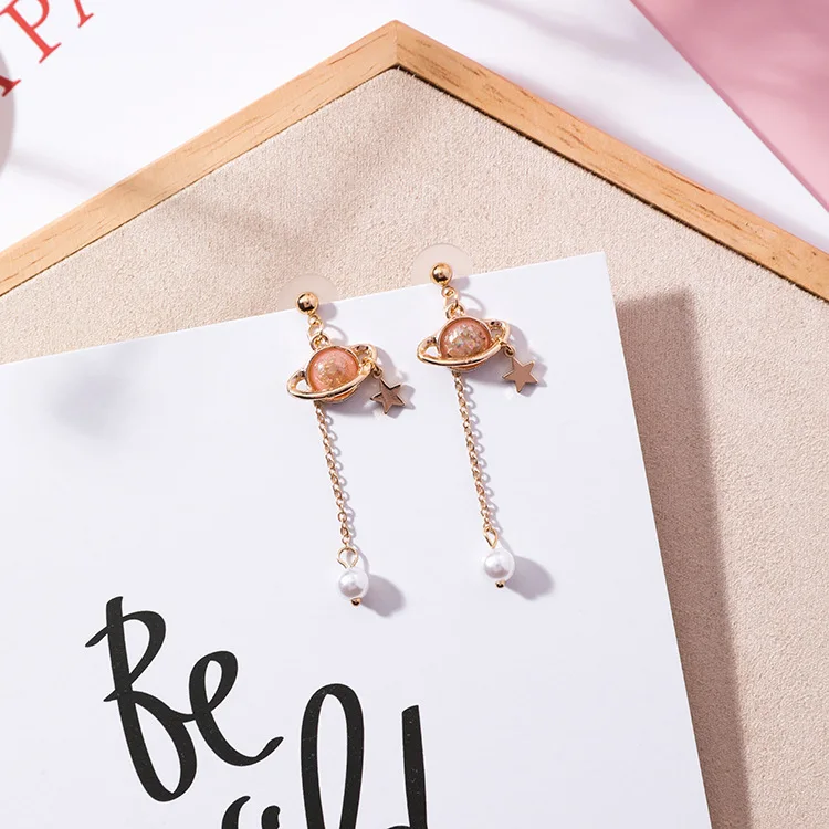 Корейские креативные цветные Серьги планета Сатурн милая девушка Луна Звезда