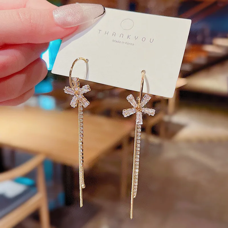 

Wholesale Sterling Silvers Needle Zircon Long Flower Vintage Tassel Stud Earrings Dropshiping