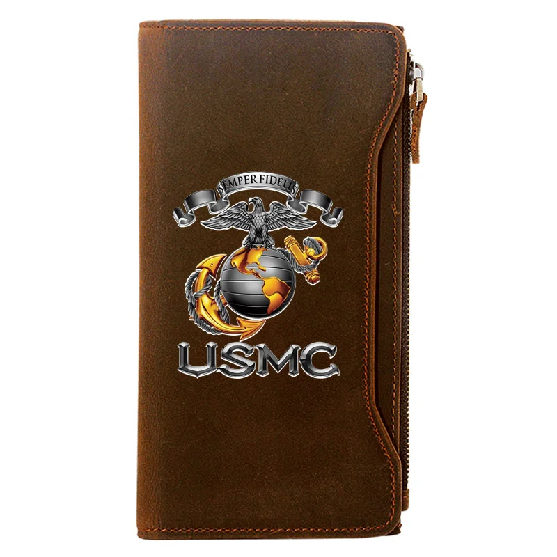 

Classic United States Marine Corps Genuine Leather Wallet Men Long Purse With Phone Bag Zipper Card Holder High Quality Clutch