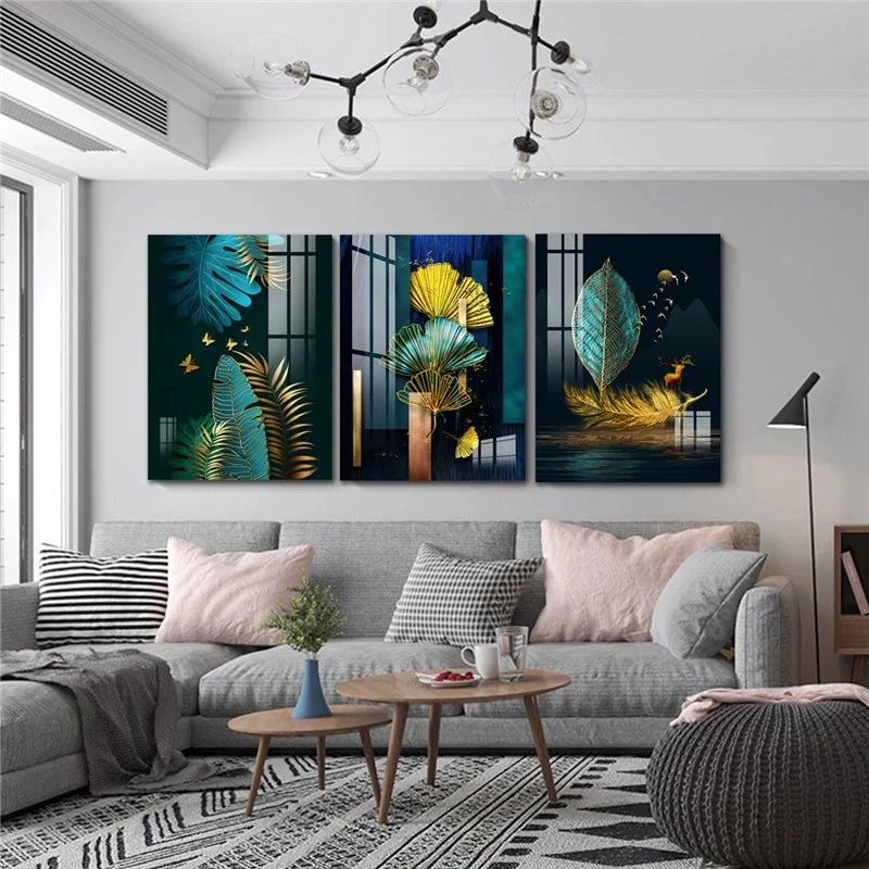 Картина на холсте с зелеными и золотыми листьями 3 панели
