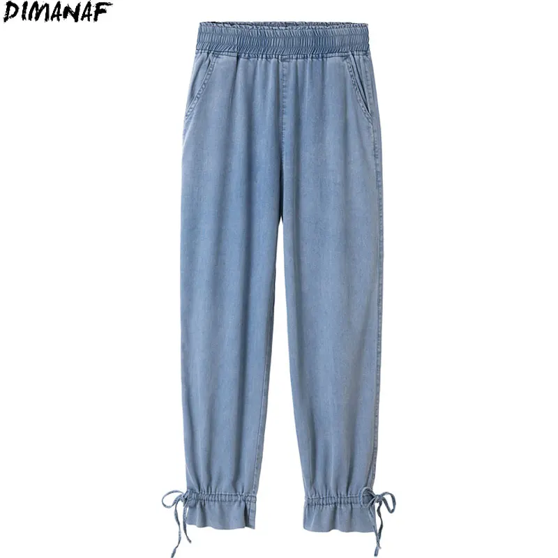 

DIMANAF Plus Size Women Jeans Elastic Pants High Waist Denim Harem Female 2021 Drawstring Pockets Blue Trousers Large Size 4XL