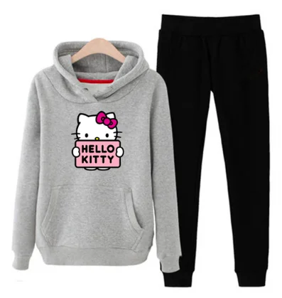 P66 3xl hello-kitty зимний женский комплект из 2 предметов с длинными рукавами, флисовая толстовка с капюшоном, пуловер, костюм, спортивные костюмы, одежда - Цвет: Gray