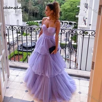 chenxiao lavender a line tulle prom dresses layered skirt evening gowns spaghetti straps bow sash women formal party dress