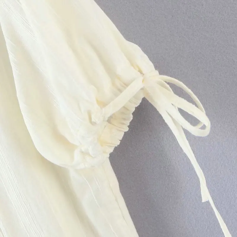 

Summer Women Beige Jacquard Cotton Dresses Double-Breasted V-Neck Lace Up Cord Short Sleeve One Piece A-Line Knee Length Robe