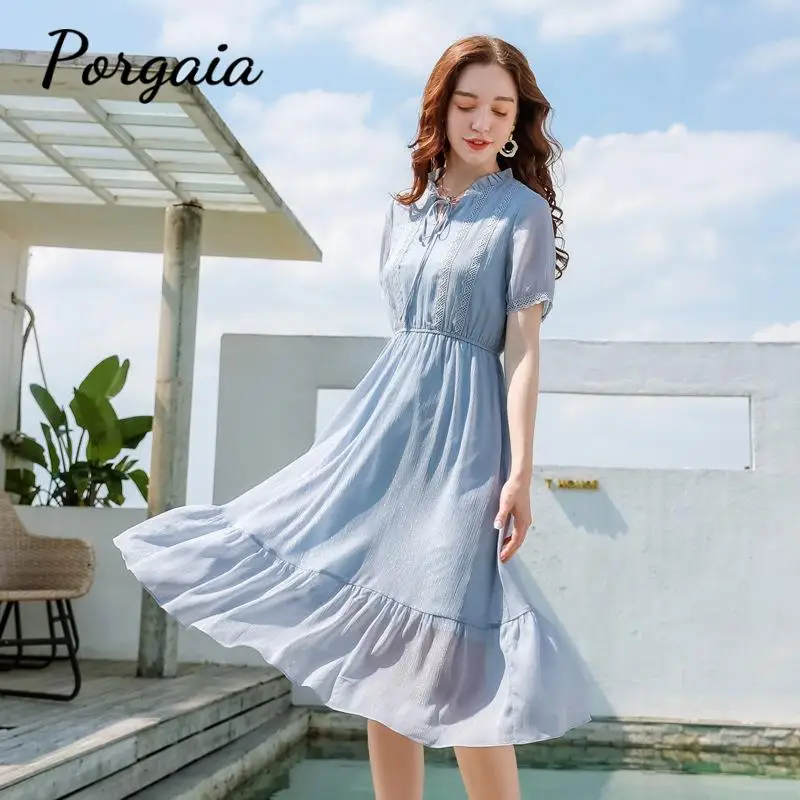 Женское шифоновое платье с коротким рукавом элегантное однотонное Приталенное